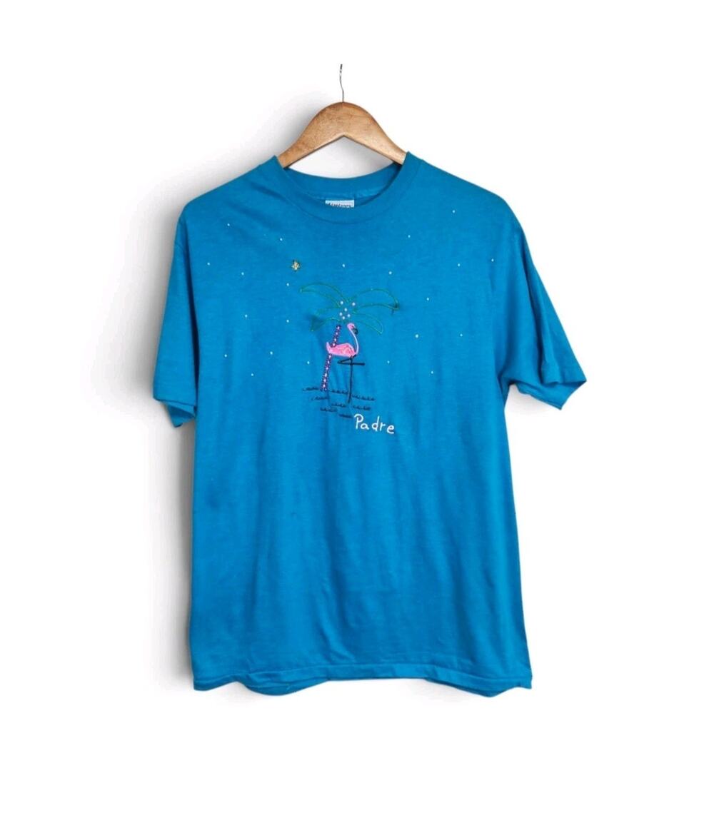 Vtg 80s South Padre Island Puffy Paint Flamingo Handmade Souvenir T-Shirt Large